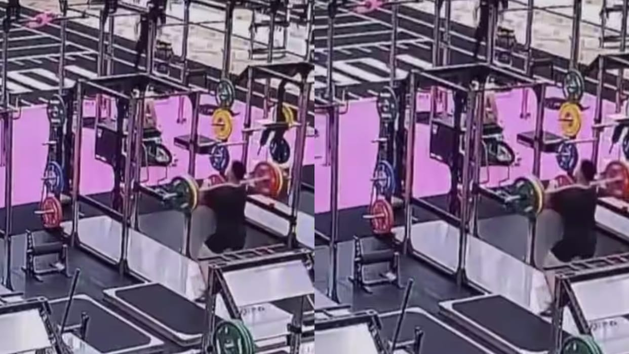 Weightlifter stumbles as he lifts a heavy rod suddenly falls headfirst frightening video goes viral