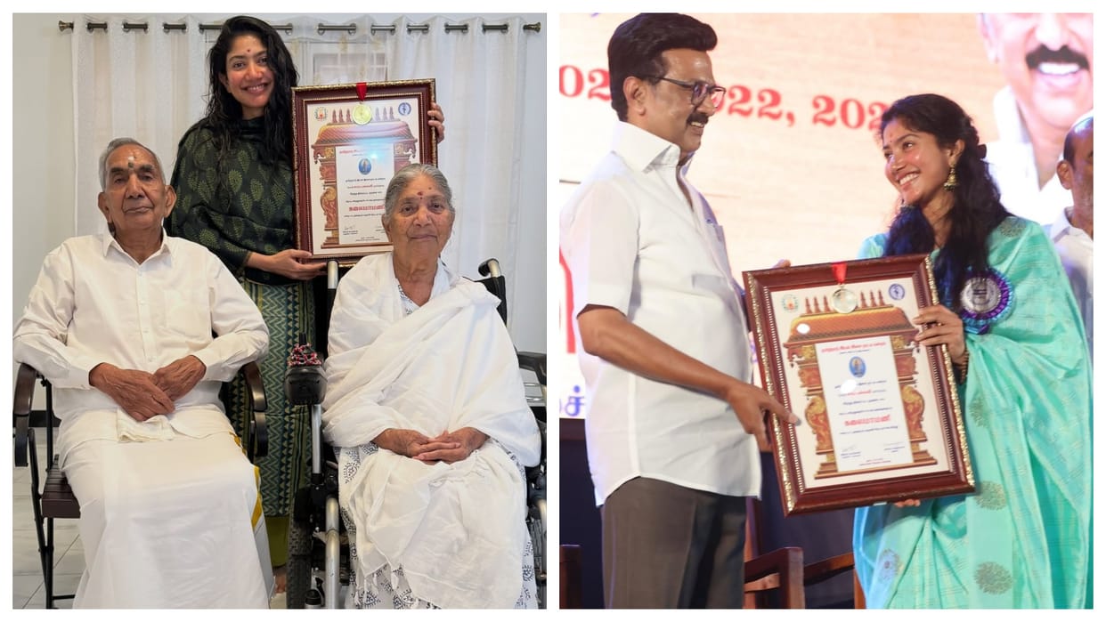 Sai Pallavi special photo with grandfather after receiving Kalaimamani Award Thank you Tamil Nadu Government
