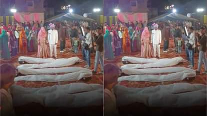 People wearing shrouds were lying in front of the bride and groom as they entered leaving the guests stunned