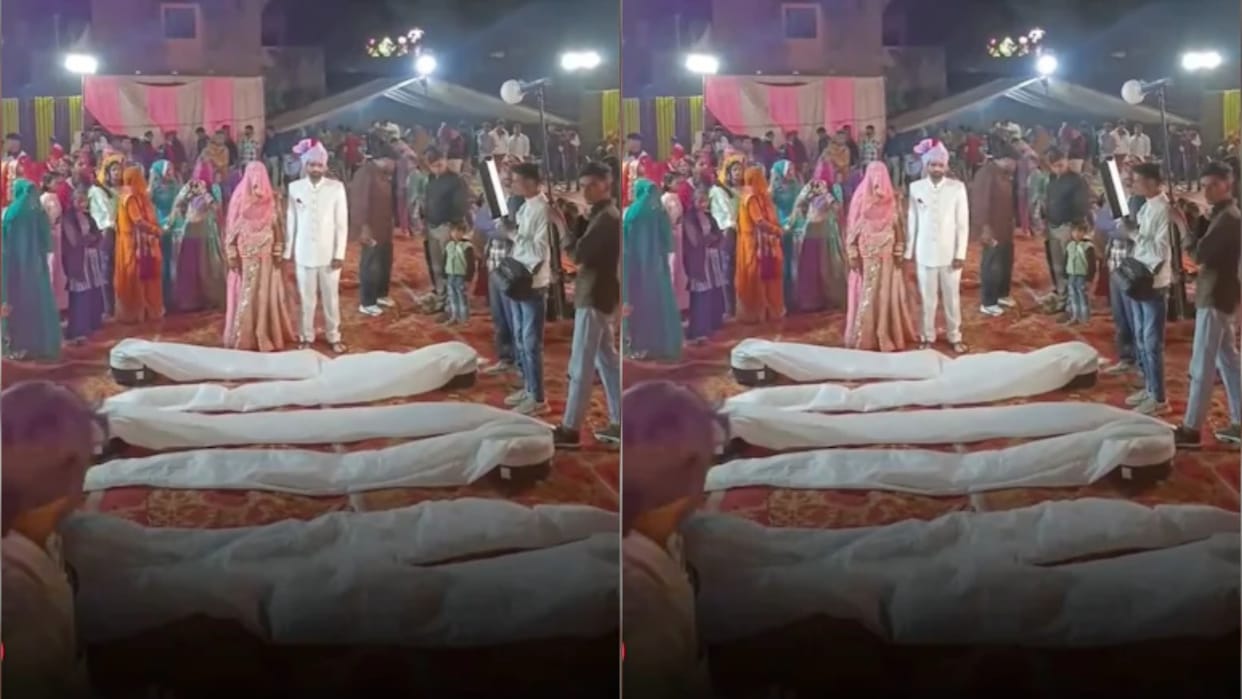 People wearing shrouds were lying in front of the bride and groom as they entered leaving the guests stunned