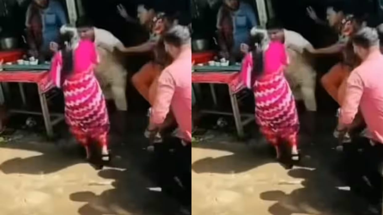 Husband was having fun at a tea stall angry wife arrived and dragged him by the collar Video goes Viral