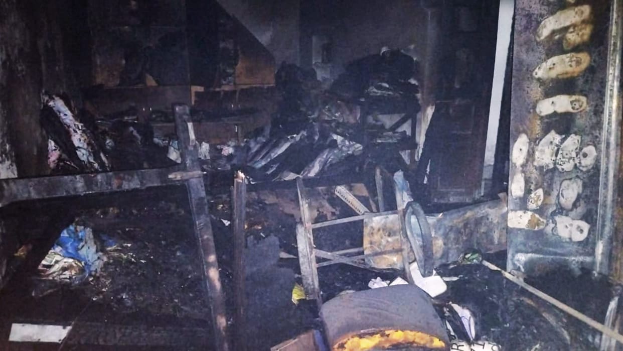 Fire breaks out carpet company businessman father burned to death accident caused by short circuit