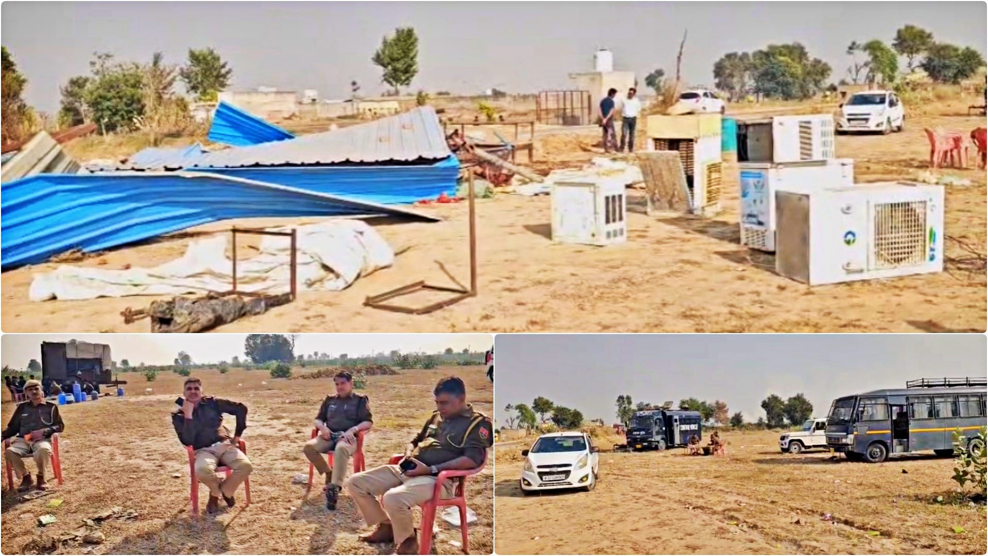 किसानों द्वारा लगाए गए टीन शेड पुलिस ने हटाए, बल तैनात