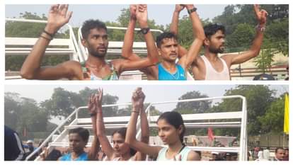 इंदिरा मैराथन प्रतियोगिता में प्रथम, द्वितीय और तृतीय स्थान प्राप्त करने वाले पुरुष और महिला धावक।