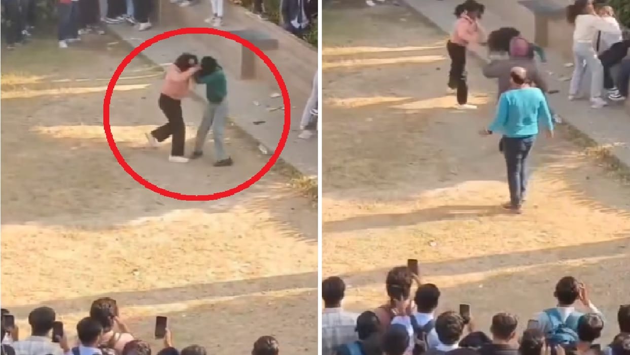 Female students fight at a Moradabad university while students film videos