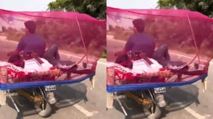 Man turns bike into a moving bed lays on cot and goes out on the road Video goes Viral on Internet