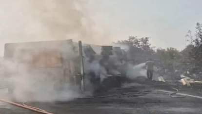 Rajasthan News: Fire breaks out after container overturns on Delhi-Mumbai Expressway, driver dies