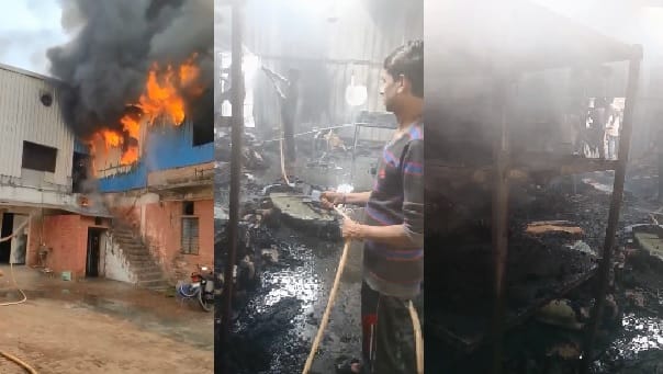 Kanpur massive fire broke out at a tannery caused by  short circuit Two fire engines brought it under control