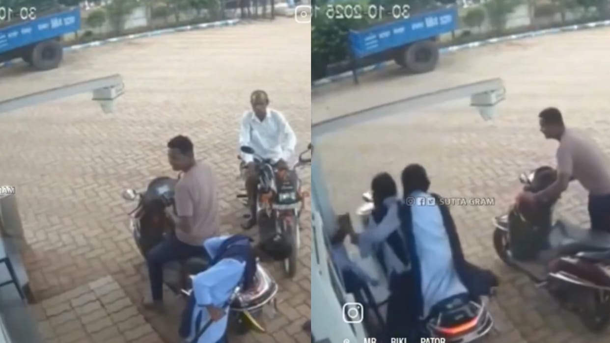 three girls on scooter lost balance and fell down at petrol pump video goes viral trending video news in hindi