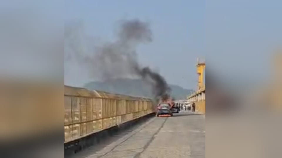 Bijnor: Burning Car on Hathnikund Barrage Bridge: Passengers Jump Out to Save Lives
