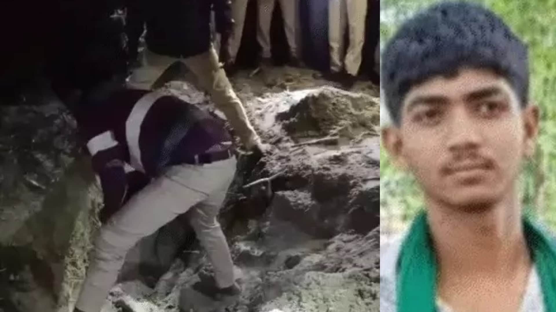 मृतक का प्रोफाइल फोटो और गड्ढे से शव निकालती पुलिस
