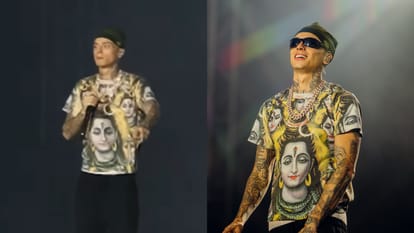 British Rapper Central Cee Wear Lord Shiva Face Print T Shirt In Mumbai Music Concert