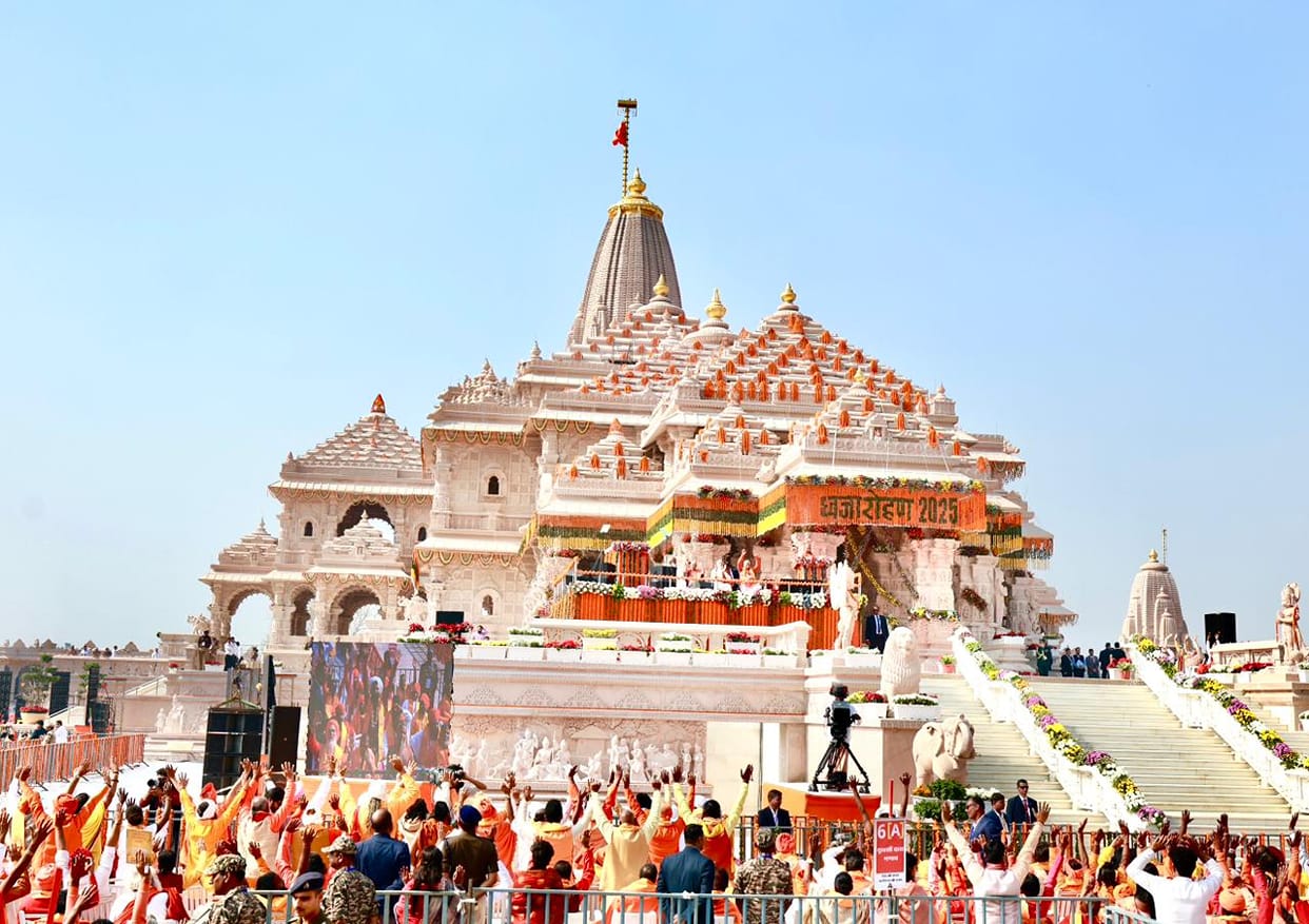 Ram Temple flag hoisting: Modi emerged with the tricolor in one hand and the saffron flag in the other, bowin