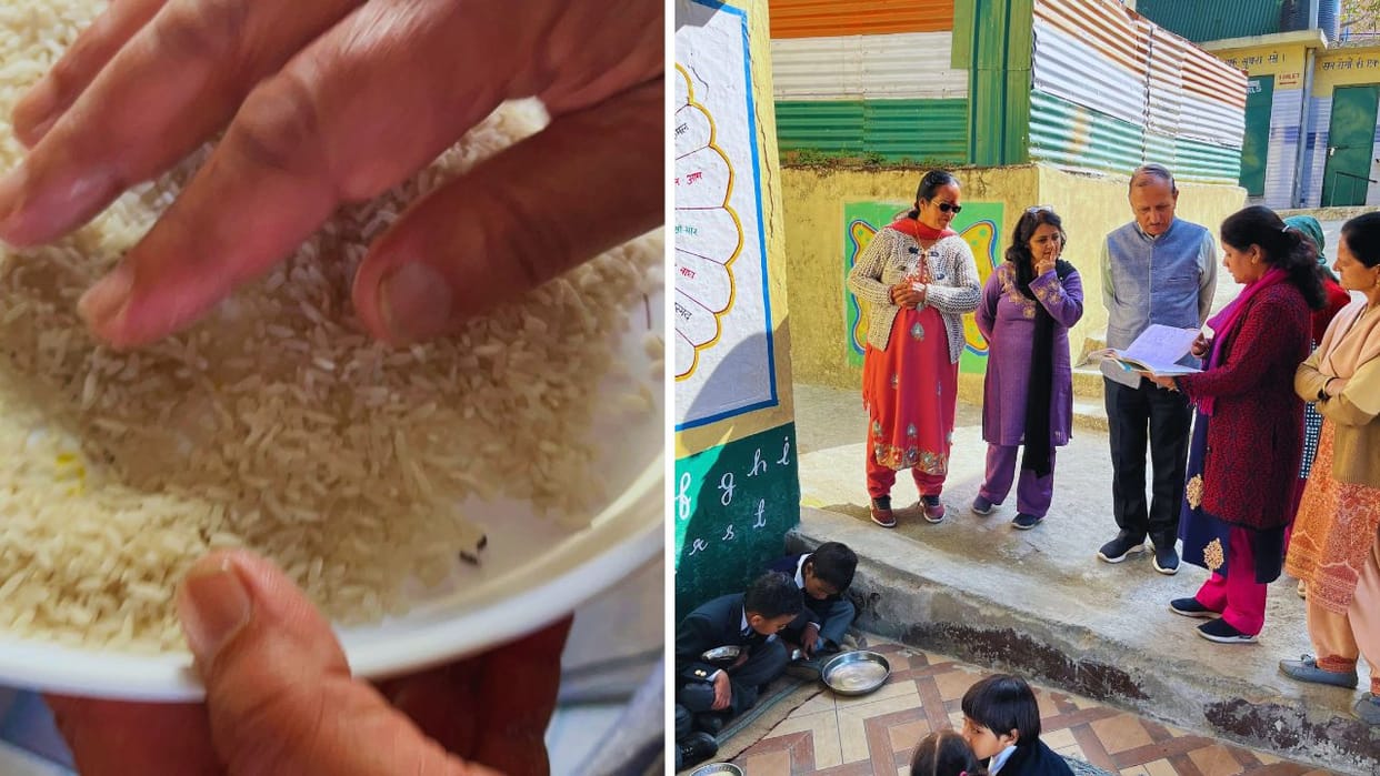 Ghanahatti Primary School Shimla Children rice infested with weevils and less vegetables on the plate