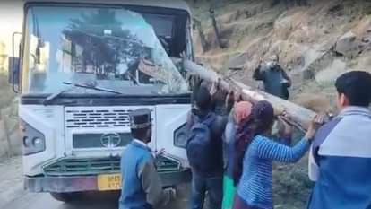 A Devdar  tree fell on a moving HRTC bus, a mishap averted, one passenger injured.