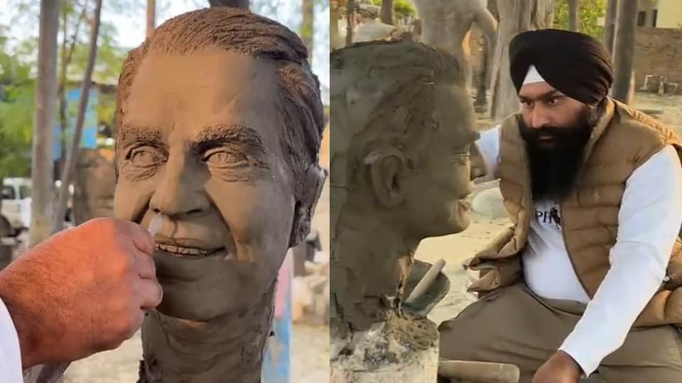 अभिनेता धर्मेंद्र का स्टैच्यू बनाते मूर्तिकार इकबाल सिंह।