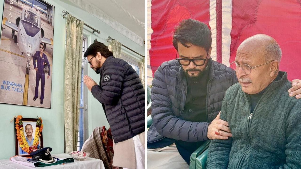बलिदानी विंग कमांडर नमंश स्याल के घर पहुंचे सांसद अनुराग ठाकुर