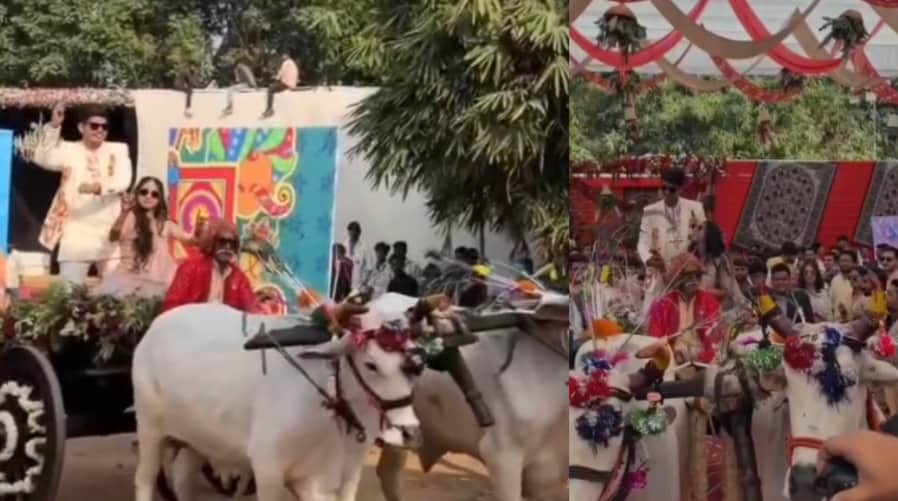 डॉ. अभिमन्यु यादव और डॉ. ईशिता पटेल की उज्जैन में हुई सगाई, बैलगाड़ी की सवारी करते हुए नवयुगल।