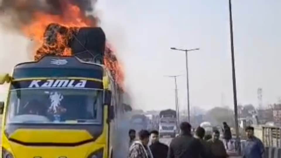 The bus lacked fire extinguishing equipment An AC bus Fire on highway in kanpur