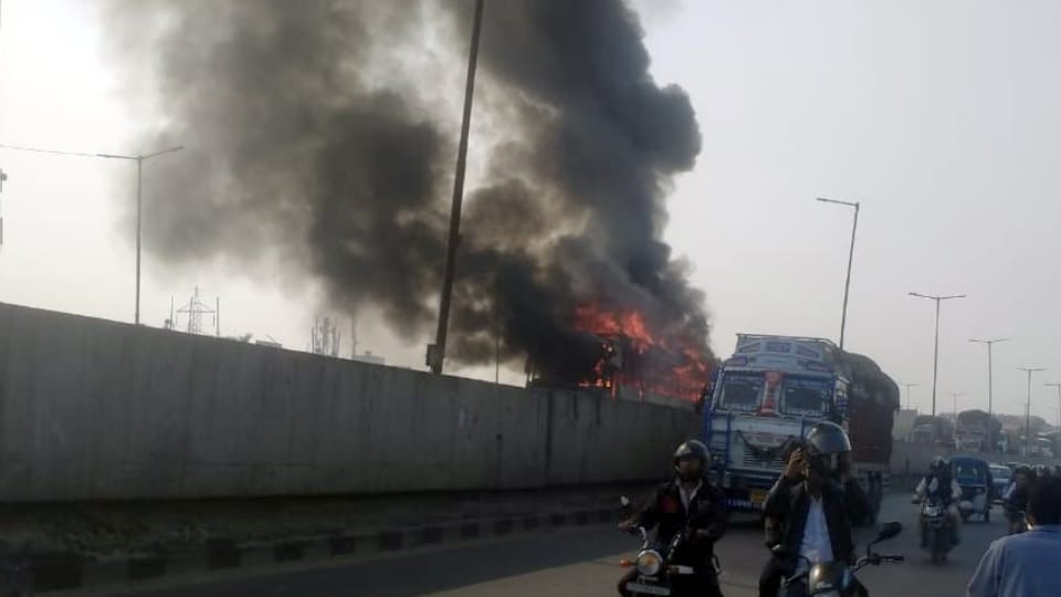 several killed and injured as bus catches fire aftger colliding with tanker in Gujarat's surendranagar