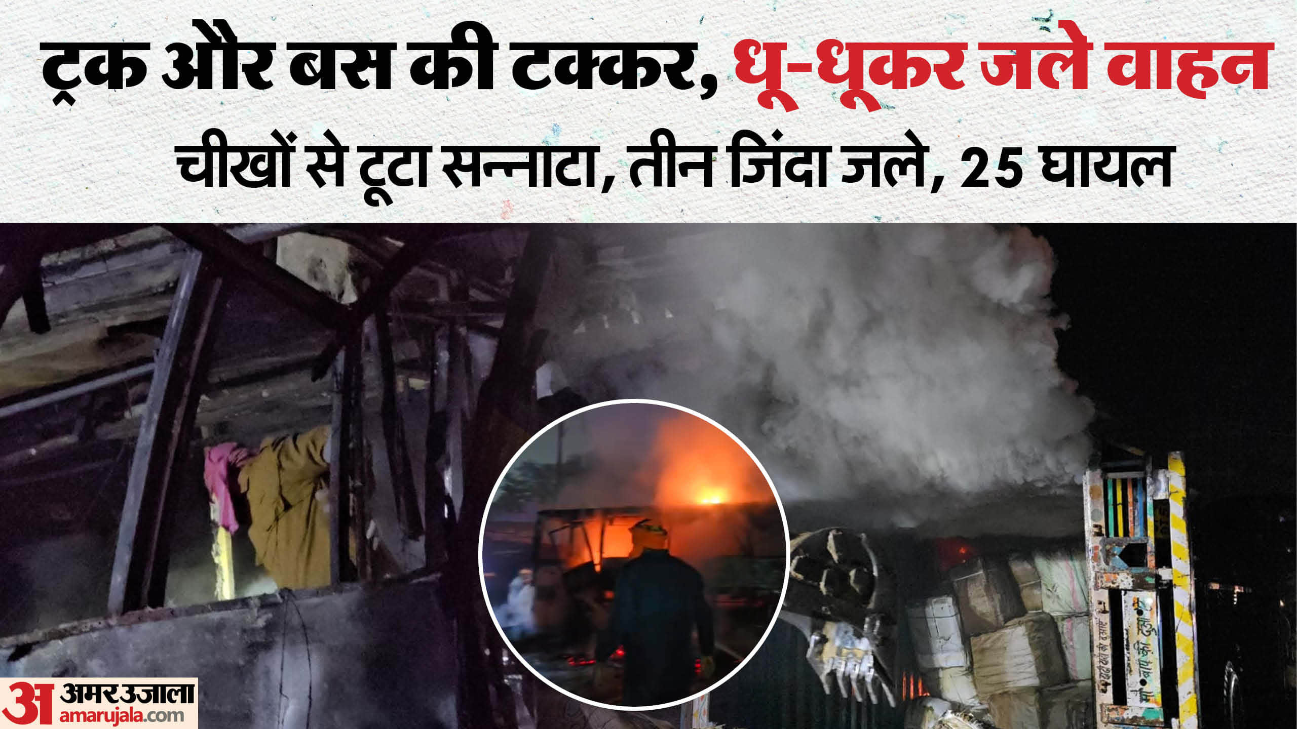 Three people died and 25 were injured when bus and truck collided in Balrampur