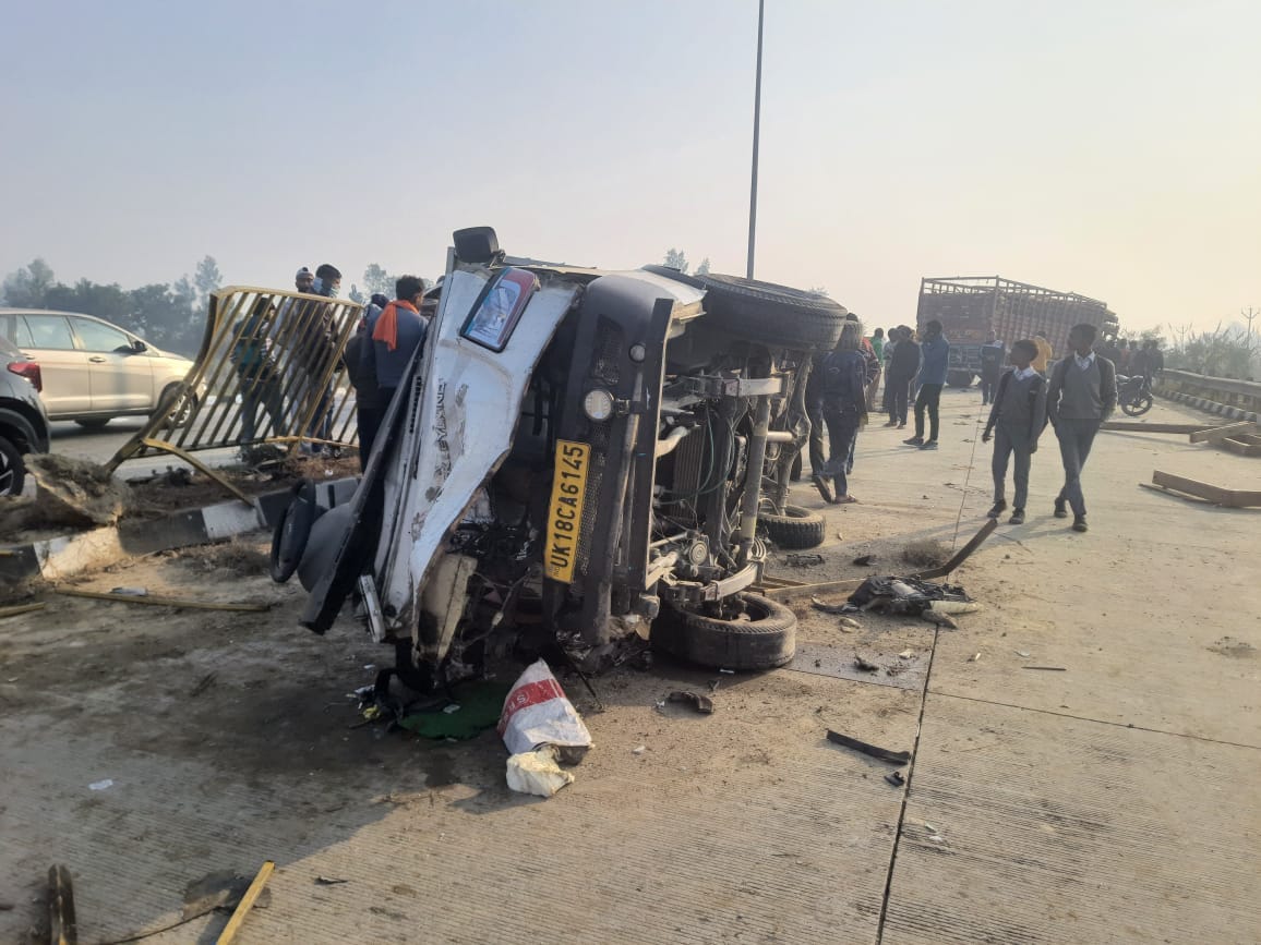 Three killed as speeding container crushes bike and pickup on one-way national highway in Bijnor