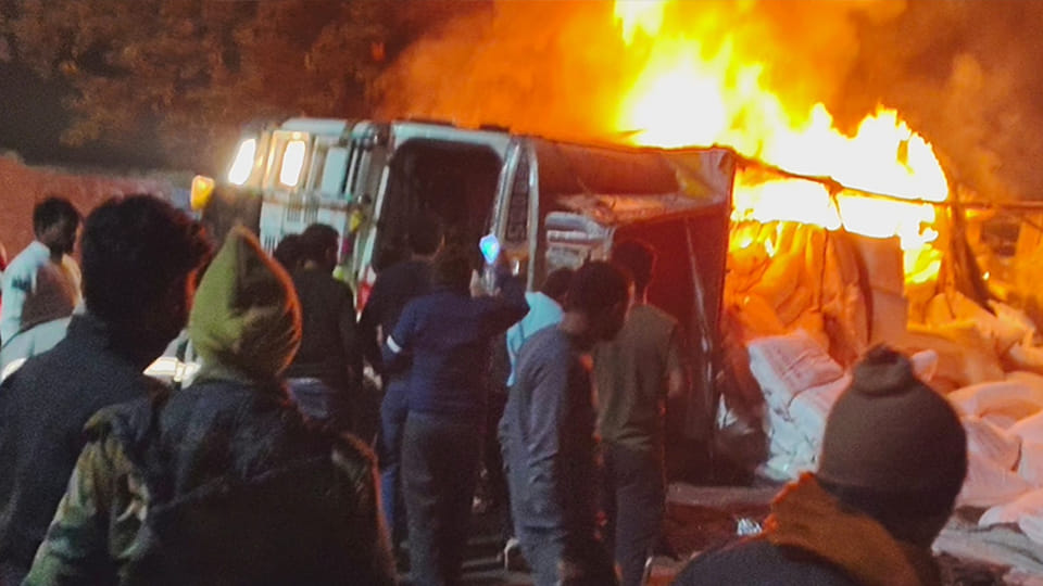 Etawah: Truck overturns at DM Square, fire sparks panic