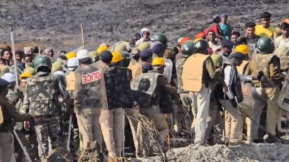 Protest against coal mine expansion Angry villagers attacked police with sticks and rods injuring 40 policeme
