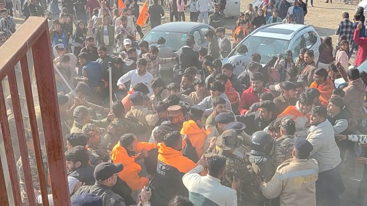 Violent protest by Vidyarthi Parishad at Zorawar Stadium, scuffles and shoving; police resort to lathicharge t