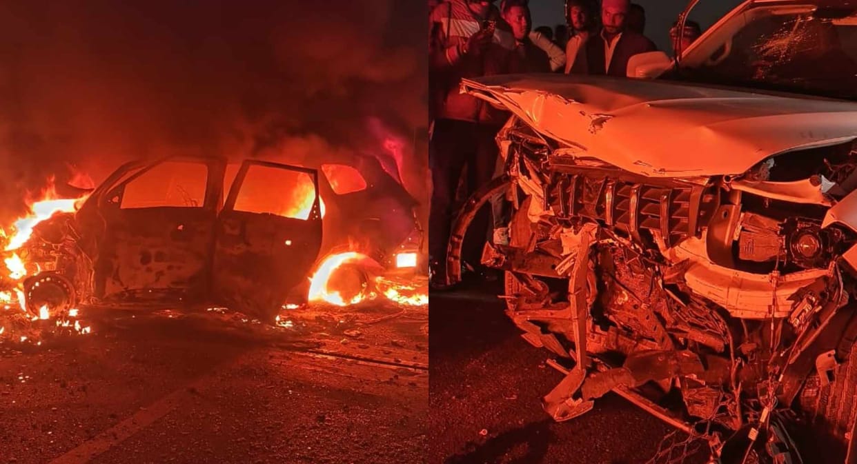 nalanda devdha flyover road accident scorpio maruti car fire injured