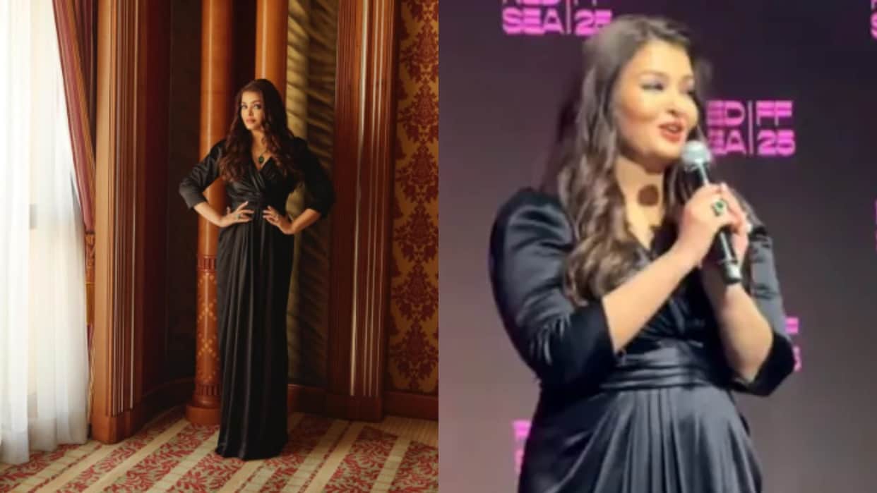 aishwarya rai red sea film festival 2025 greetings hello namaste assalamu alaikum stuns in black gown fans