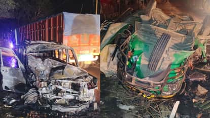 Scorpio caught fire after colliding with dumper dancer died and five injured when an auto overturned in Ballia