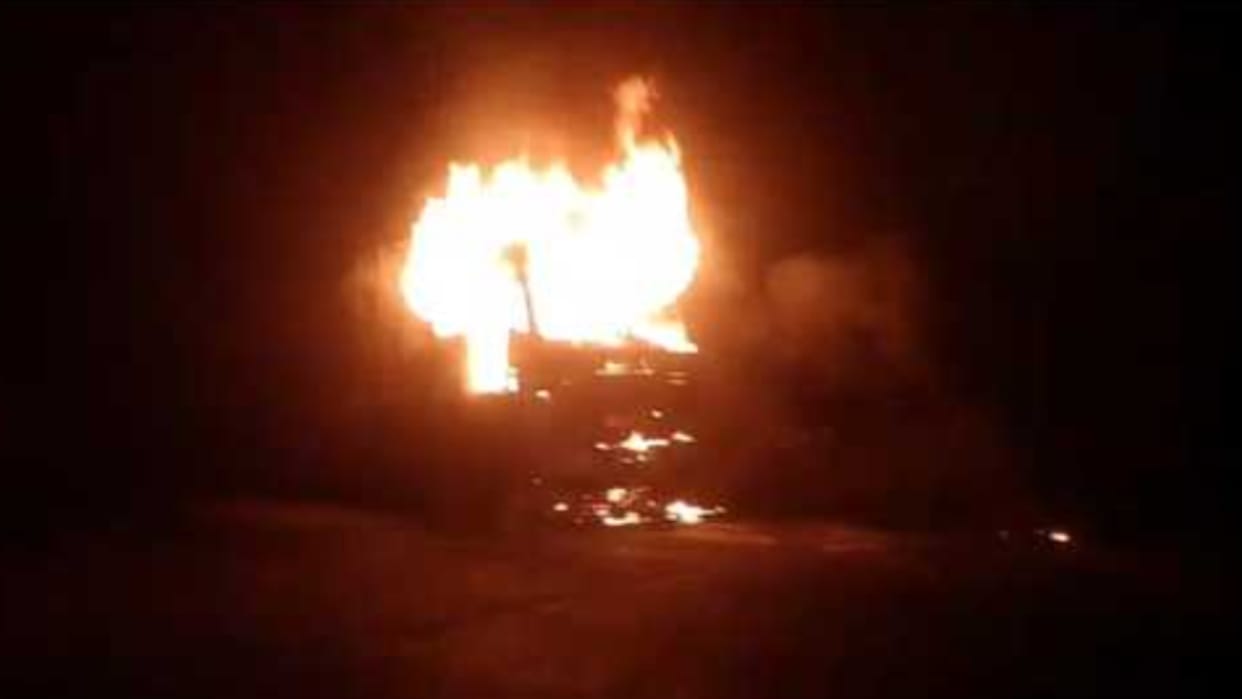 truck caught fire in front of a petrol pump on bareilly-bisalpur road
