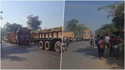 A high-speed collision between a heavy truck and a motorcycle leaves two people seriously injured