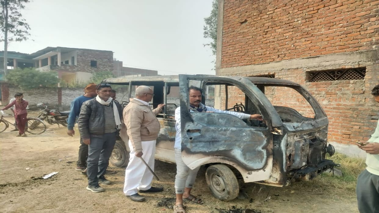 school van parked on the campus of DRM Convent School caught fire