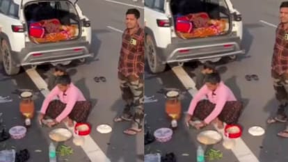 हाईवे किनारे खाना बनाते दिखा परिवार