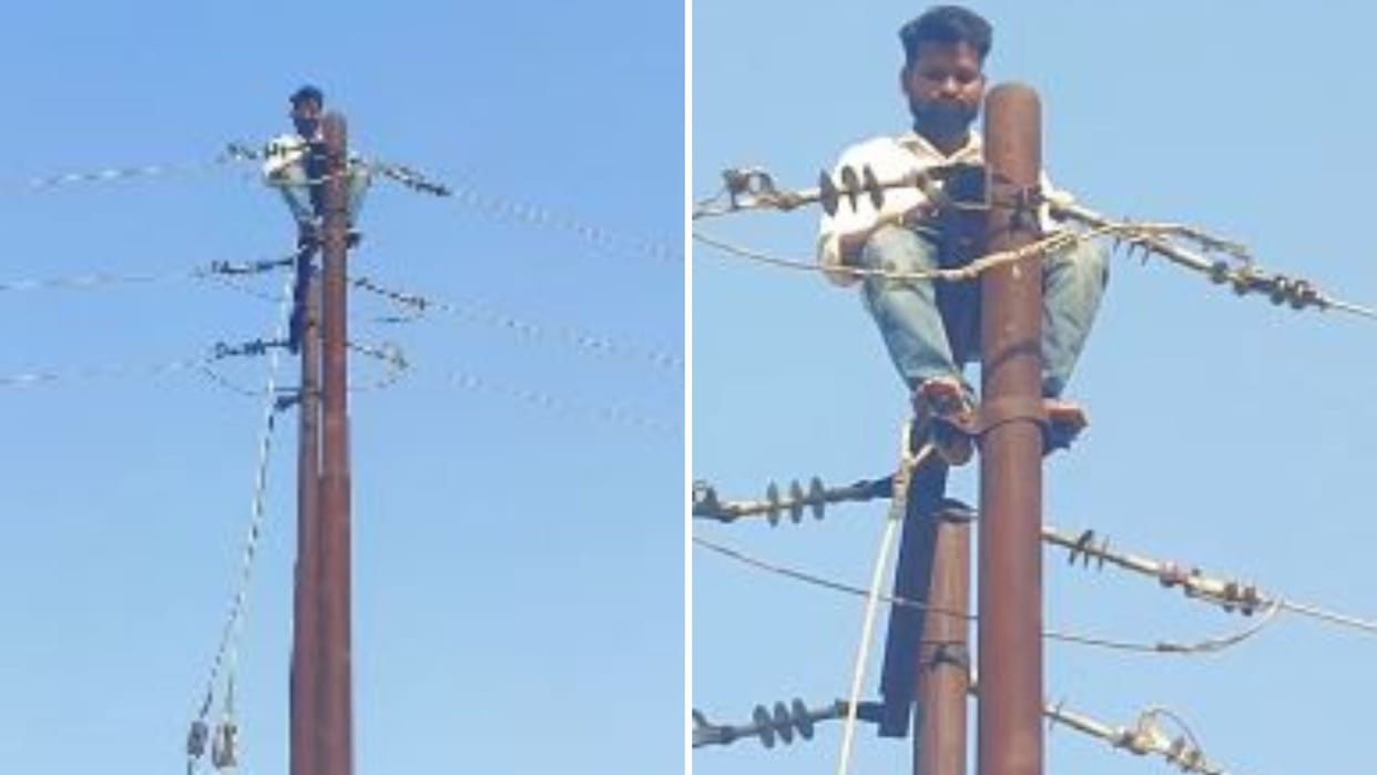 lineman angered by being laid off climbed pole and accused officials of demanding bribes In Sonbhadra