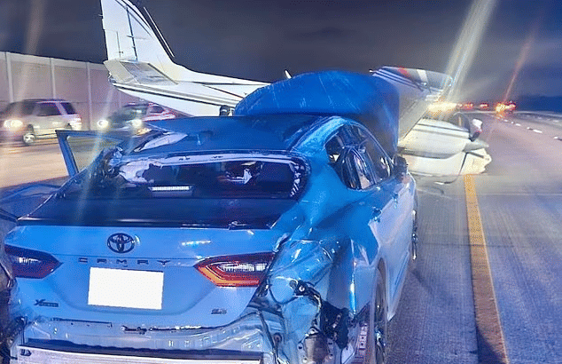 Light aircraft crash-lands on Toyota Camry Car in moving traffic on Florida highway