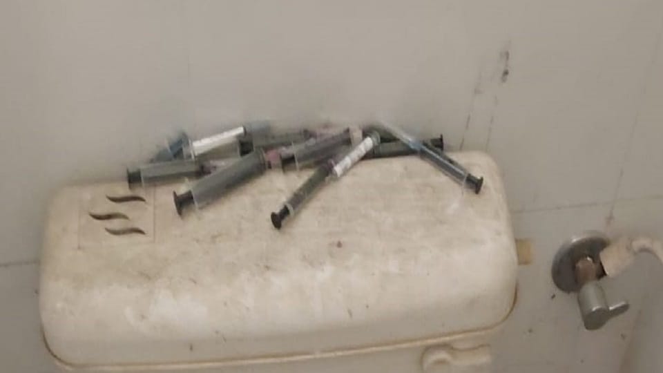Used syringes and empty injection vials were found in the toilets of Kashipur Stadium