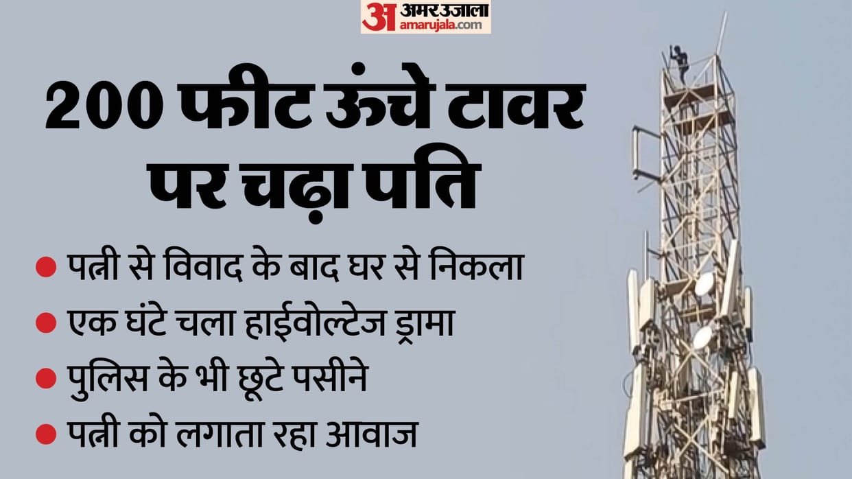 viral video of husband climbs 200 feet high tower after dispute with wife in Korba