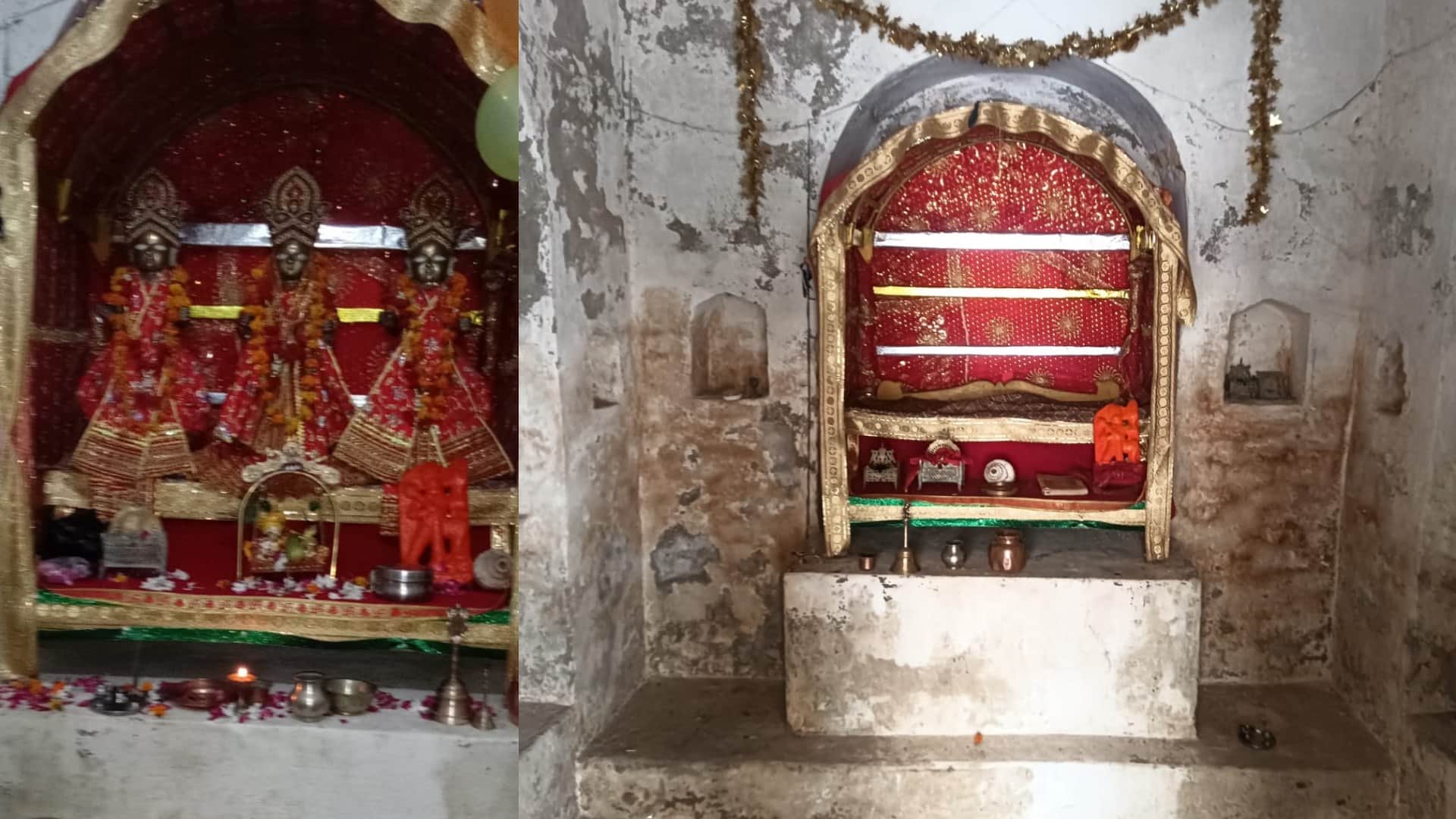 मंदिर में स्थापित मृर्तियां (फाइल फोटो) व मूर्तियों के गायब हो जाने के बाद।