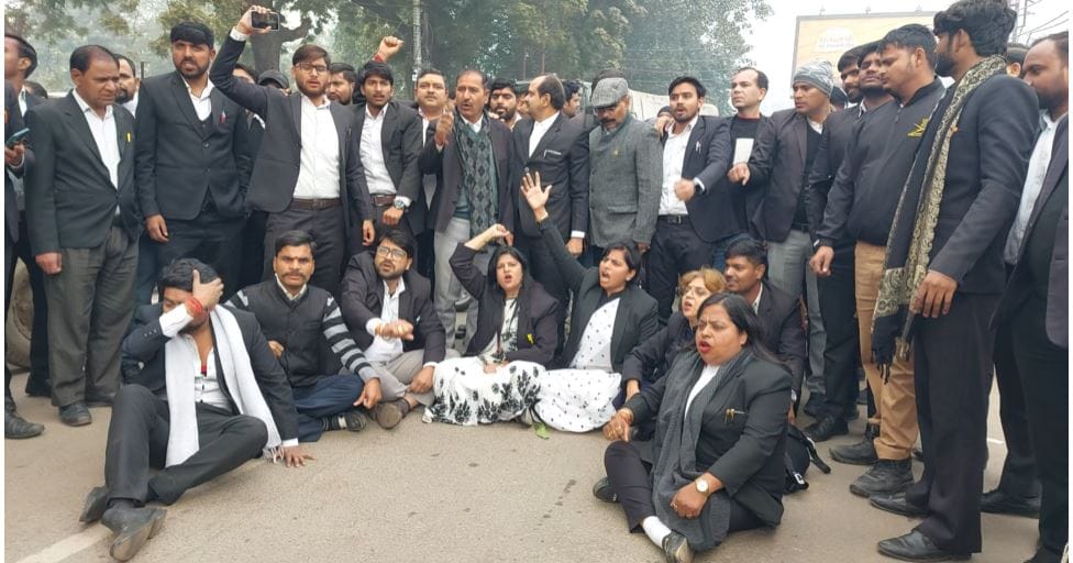 Lawyers Erupt After Chamber Demolition Roads Blocked Outside Mathura Collectorate
