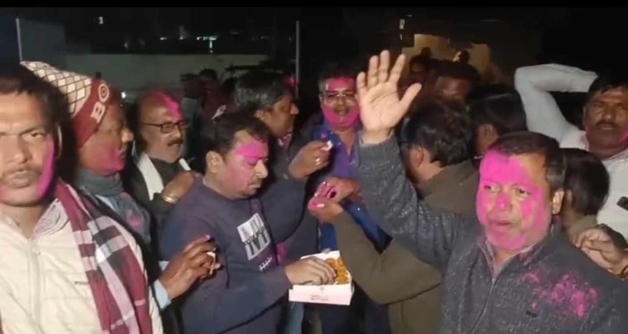 sanjay sarawagi bjp state president darbhanga shyama mai temple blessings workers celebration
