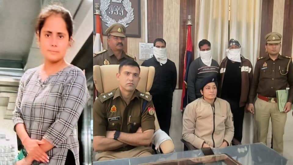 मृतका का फाइल फोटो और पुलिस हिरासत में आरोपी पिता और पुत्र