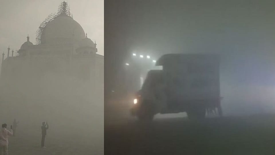 Agra Chokes Under Dense Fog effects tourist to seen Taj mahal AQI Crosses 400 Mark