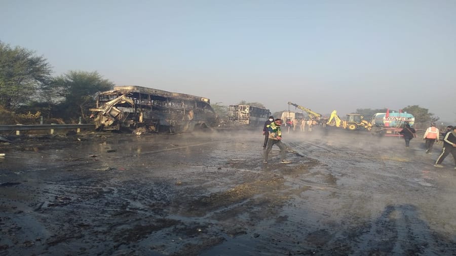 Yamuna Expressway bus car fire accident  Skeletons Found in Burnt Buses 13 Dead