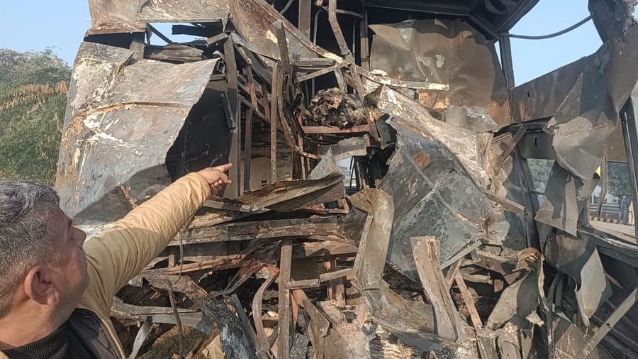 Yamuna Expressway bus car fire accident  Skeletons Found in Burnt Buses 13 Dead