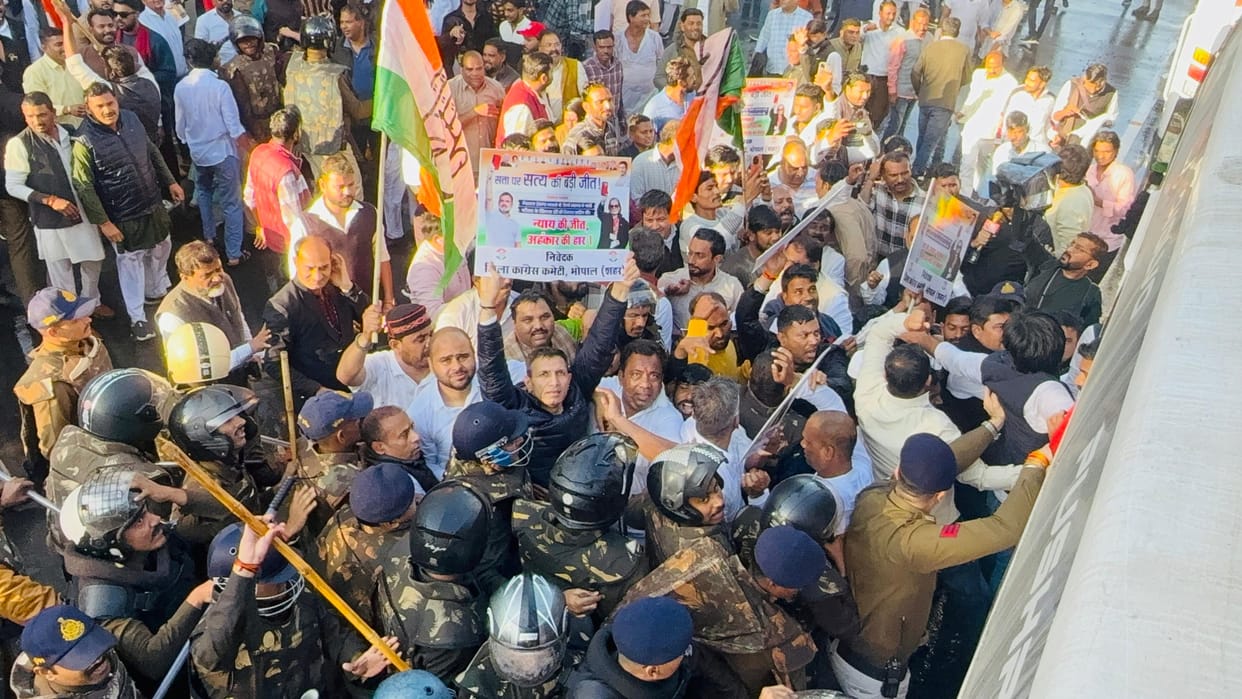 National Herald: Water cannons were used against Congress workers who tried to gherao the BJP office in Bhopal