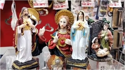 market is decorated for Christmas Santa Claus costumes and masks are in high demand in shahjahanpur