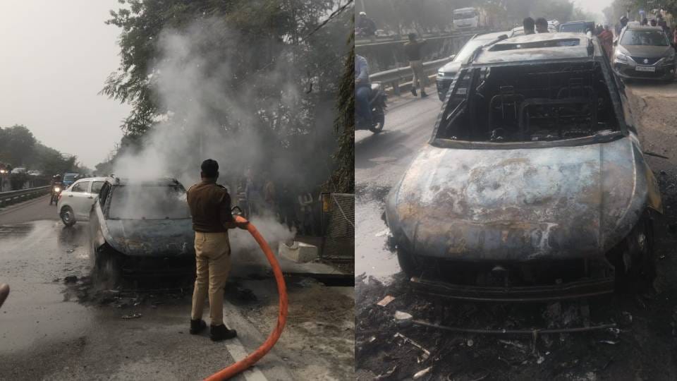 moving car caught fire in Lucknow driver saved his life by jumping out